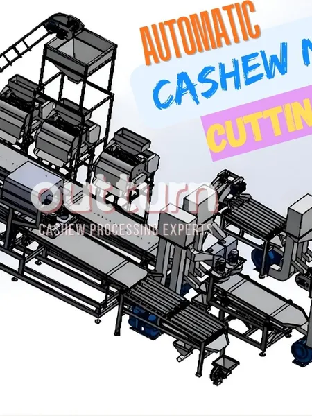 Complete OUTTURN automatic cashew nut cutting line with multiple cutting heads, sieve, and centrifuge in a Vietnam factory