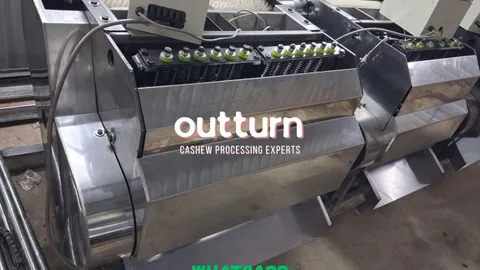 Two OUTTURN rotary cashew cutting machines side by side on the factory floor in Bình Phước, Vietnam
