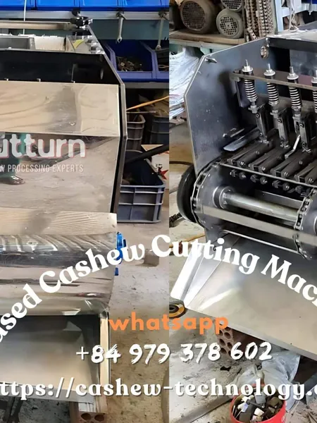 Refurbished OUTTURN used cashew nut cutting machine on the factory floor in Binh Phuoc, Vietnam, with new cutting cups and blade assembly installed