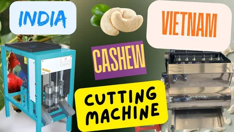 Comparação lado a lado entre uma máquina rotativa de corte de castanha de caju vietnamita e uma máquina de corte de castanha de caju de estilo pistão indiana